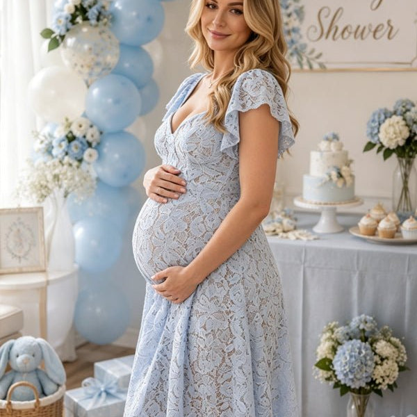 Lace High Waisted Backless Puff Sleeve A-Line Maternity Midi Dress