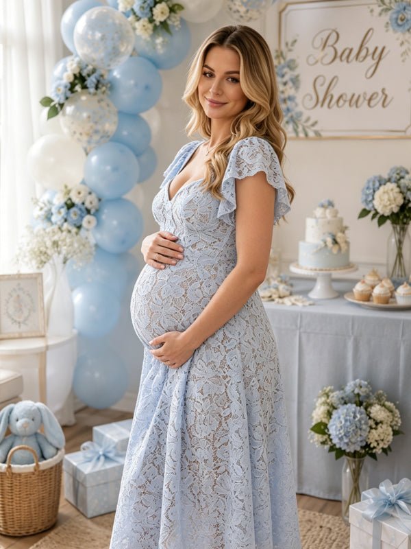 Lace High Waisted Backless Puff Sleeve A-Line Maternity Midi Dress