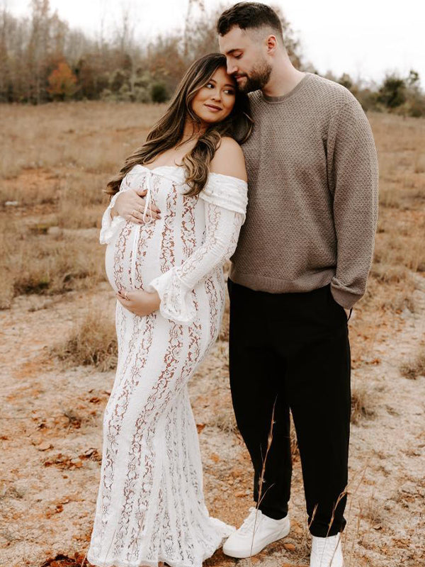 Momsmood White Off Shoulder Lace Bandeau Tie Front Mermaid Bandage Going Out Photoshoot Maternity Maxi Dress