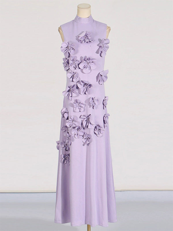 Momsmood 3D Flowers Band Neck Back Bow Photoshoot Baby Shower Maternity Maxi Dress