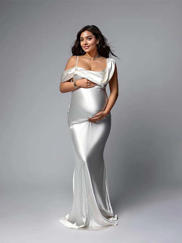 Momsmood White One Off Shoulder Silk Satin Backless Mermaid Photoshoot Evening Gown Baby Shower Maternity Maxi Dress