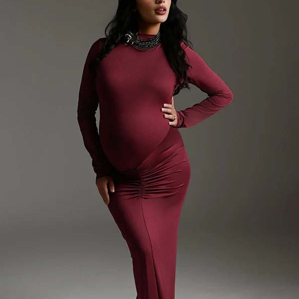 Momsmood Wine Red Ruched Photoshoot Maternity Maxi Dress
