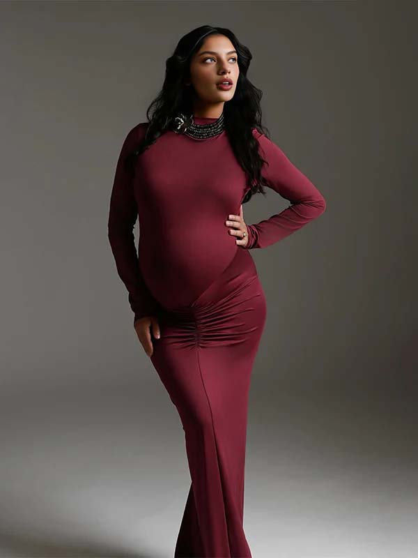 Momsmood Wine Red Ruched Photoshoot Maternity Maxi Dress