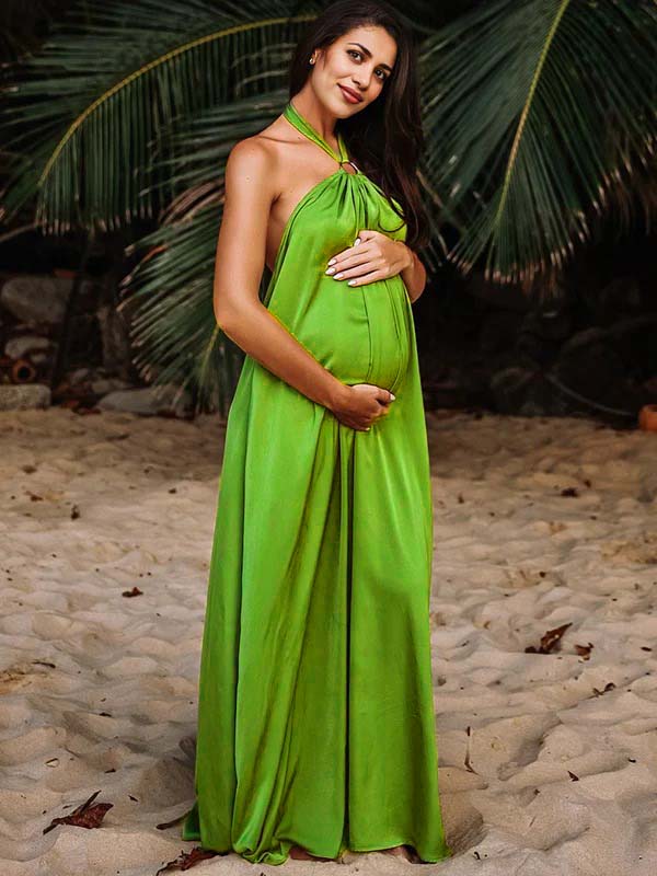 Green Halter Neck Sleeveless Maternity Photoshoot Maxi Dress