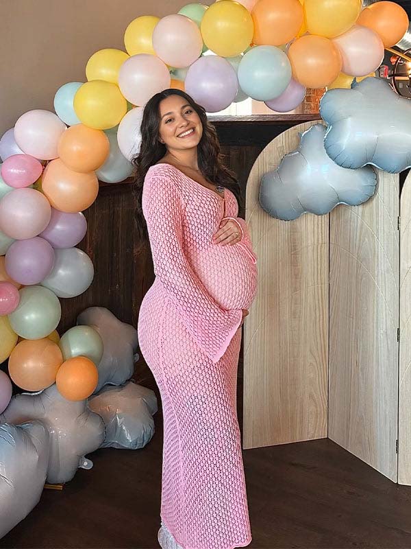 Momsmood Pink Cut Out Knit V-neck Flare Sleeve Backless Elegant Photoshoot Baby Shower Maternity Maxi Dress