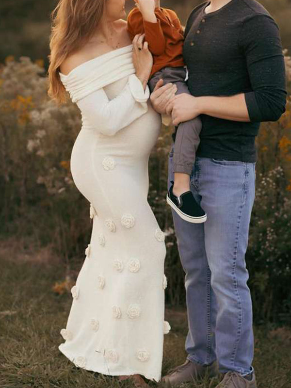 Momsmood White Off Shoulder 3D Flowers Knitting Sweater Photoshoot Maternity Maxi Dress