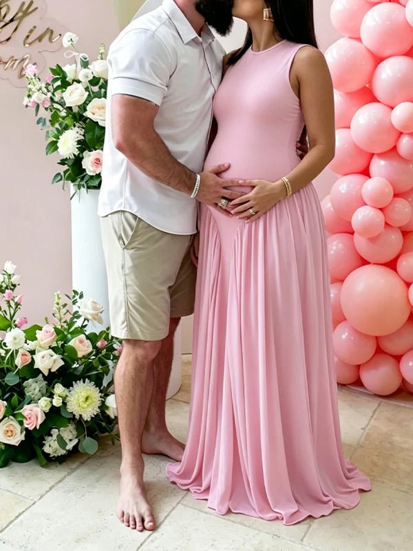 Round Neck Ruched Draped Curved drop waist Bodycon Maternity Maxi Dress