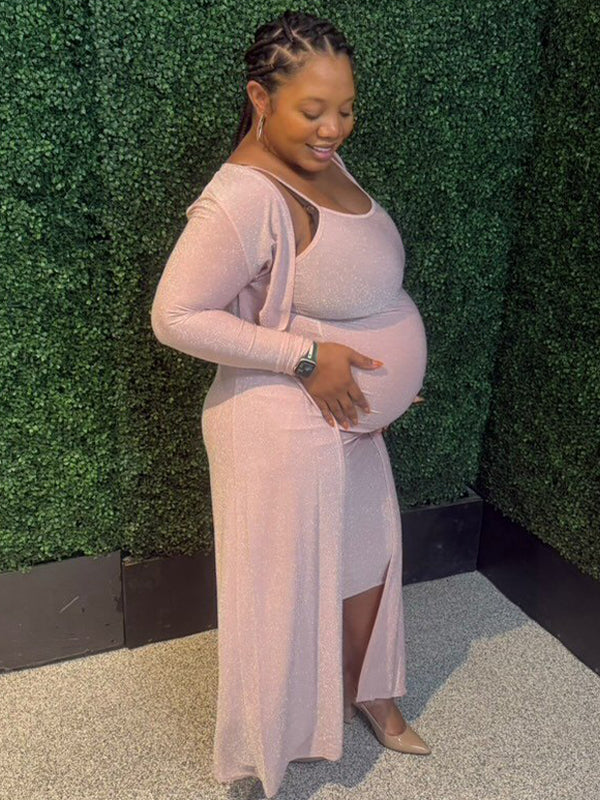 Momsmood Maternity Two Piece Glitter Pink 2-in-1 Bodycon Elegant Baby Shower Work Midi Dress