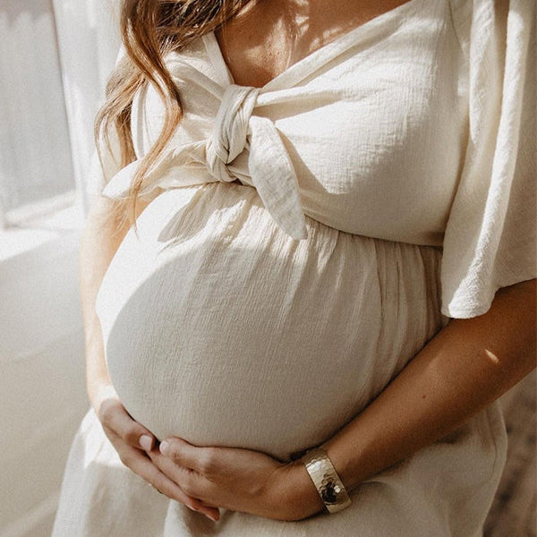 Momsmood Bow Flutter Sleeve Solid V-neck Flowy Vacation Beach Cute Baby Shower Photoshoot Maternity Maxi Dress