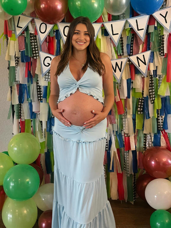 Blue 2-in-1 Ruffle Twist Backless Baby Shower Maternity Maxi Dress