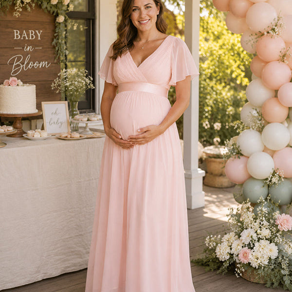 Elegant Pink Tulle Stretch Chiffon A-Line Flare Sleeve Maternity Maxi Dress