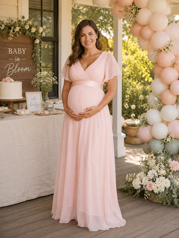 Elegant Pink Tulle Stretch Chiffon A-Line Flare Sleeve Maternity Maxi Dress