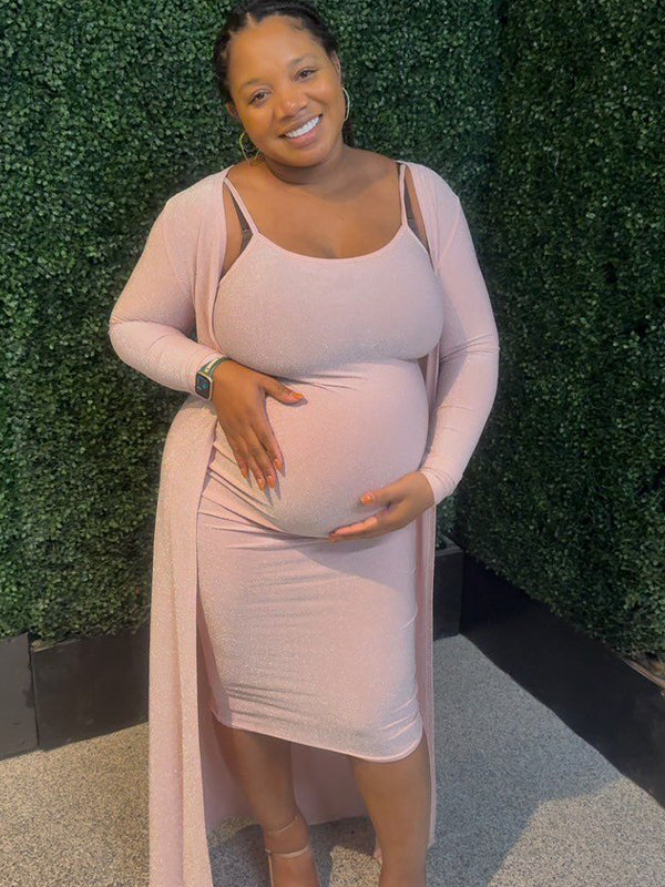 Momsmood Maternity Two Piece Glitter Pink 2-in-1 Bodycon Elegant Baby Shower Work Midi Dress