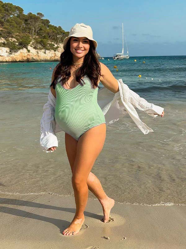 Momsmood Green One Piece Solid Color Bikini U-neck Beach Vacation Maternity Swimwear