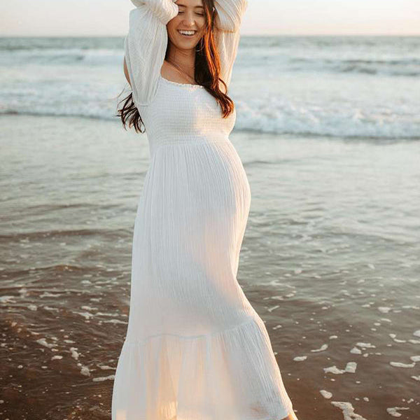 Momsmood White Ruffle Ruched High Waist Puff Sleeve Cute Photoshoot Maternity Maxi Dress