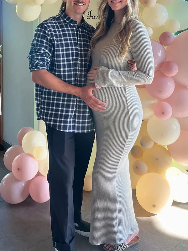 Momsmood Camel Knit Flare Sleeve Photoshoot Maternity Maxi Sweater Dress