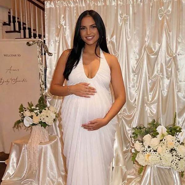 White Halter Neck V-Neck Backless Ruched Mesh Maternity Maxi Dress