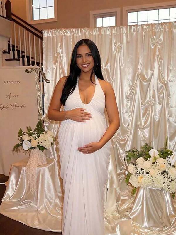 White Halter Neck V-Neck Backless Ruched Mesh Maternity Maxi Dress