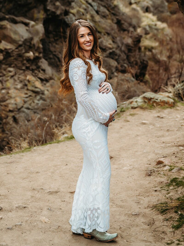 Momsmood White Lace Sequin Off Shoulder Mermaid Bodycon Wedding Gown Baby Shower Elegant Foamal Maternity Photoshoot Maxi Dress
