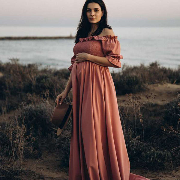 Momsmood Maternity Pink Ruffle Smocked Off Shoulder Boat Neck Baby Shower Photoshoot Maxi Dress