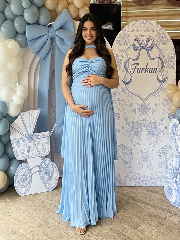 Strapless Ruched Belted Lace-Up Back Sleeveless Maternity Maxi Dress