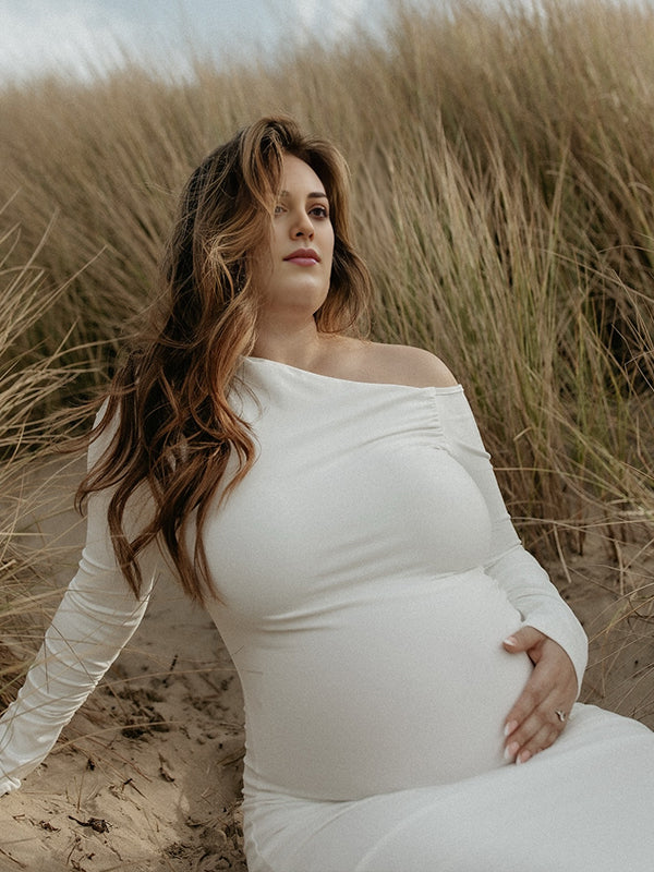 Momsmood Pink Oblique Shoulder Ruched Maternity Photoshoot Maxi Dress