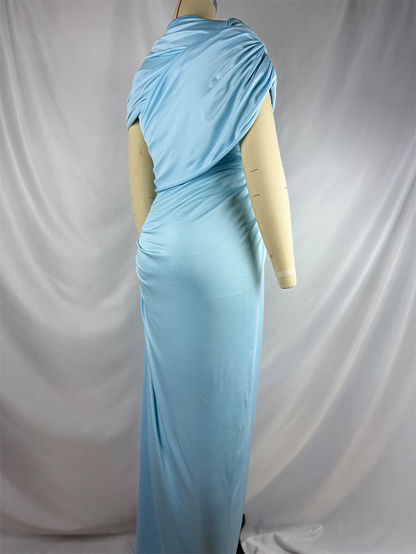 Light Blue Ruched Irregular Neck Baby Shower Maternity Maxi Dress