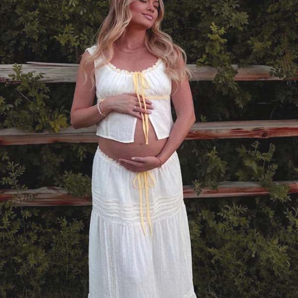 White Lace Two Piece High Waisted Maternity Maxi DressRibbon Detail