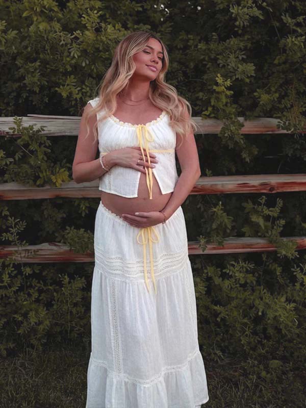 White Lace Two Piece High Waisted Maternity Maxi DressRibbon Detail