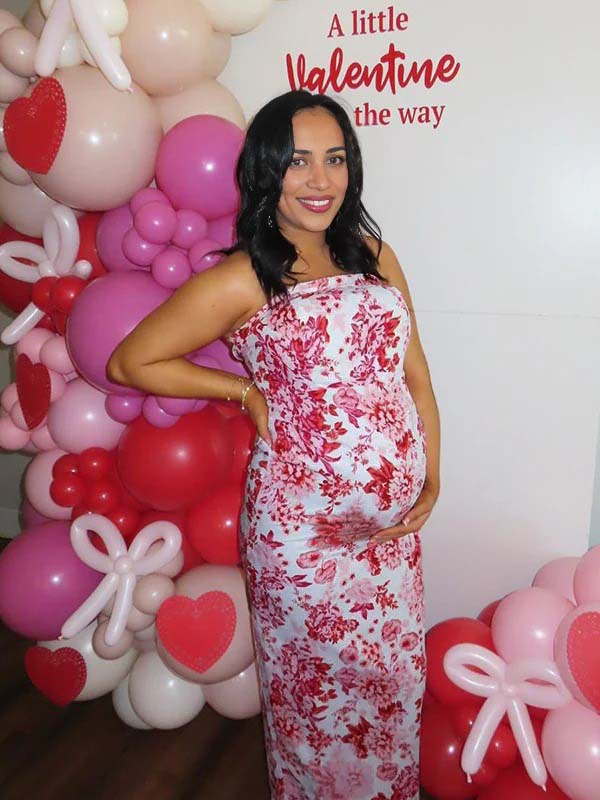 Momsmood  Red Strap Stamp Open Back Side Slit Banquet Baby Shower Maternity Photoshoot Maxi Dress