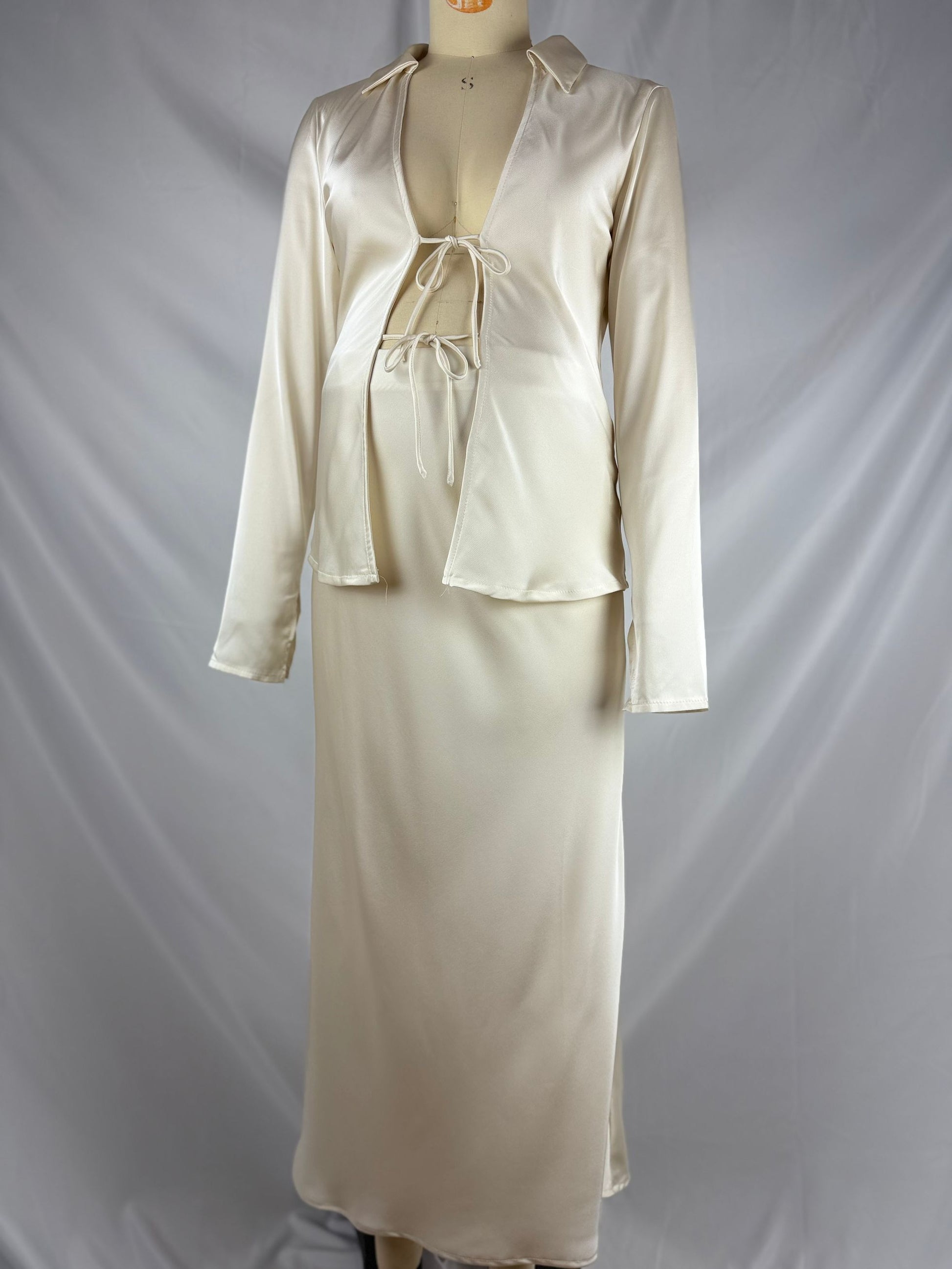 Momsmood White Bowknot Turndown Collar Two Piece Imitation Satin Vacation Going Out Maternity Photoshoot Shirt