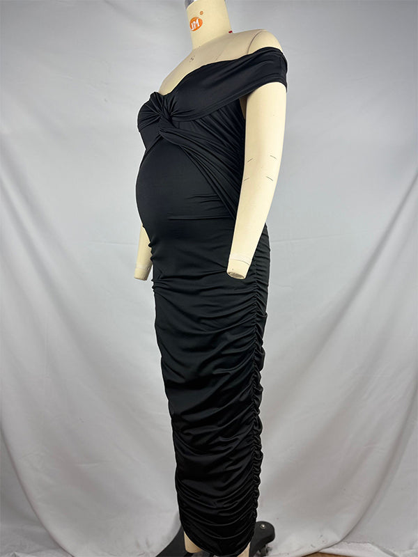 Momsmood Black Off Shoulder Ruched Cross Twist Back Zipper Bodyocn Photoshoot Baby Shower Maternity Maxi Dress
