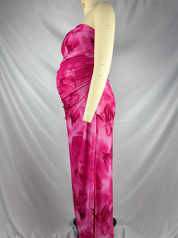 Momsmood Floral Side Slit Bandeau Tube Bodycon Baby Shower Maternity Maxi Dress