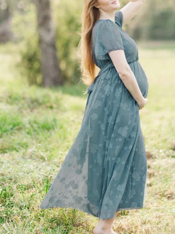 Momsmood Blue Floral Wrap Side Slit Big Swing Elegant Baby Moon Going Out Boho Maternity Photoshoot Baby Shower Maxi Dress