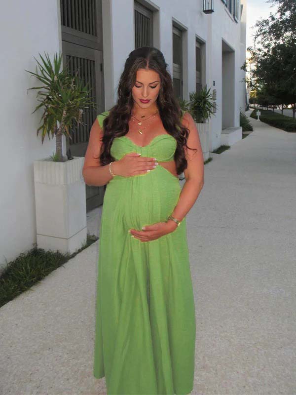 Green Cut Out Backless Wide Leg Vacation Maternity Jumpsuit Outfit