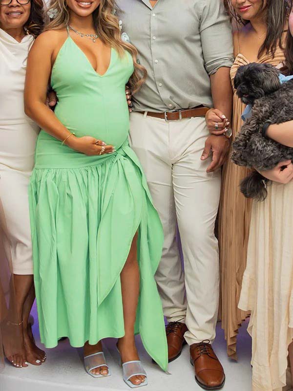 Green Side Slit Backless Bodysuit Baby Shower Maternity Maxi Dress