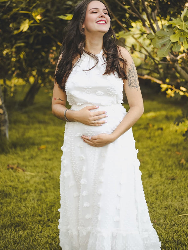 Momsmood White Stereoscopic Flowers Lace-up  Halter Neck Open Back Cocktail Banquet Baby Shower Maternity Photoshoot Maxi Dress