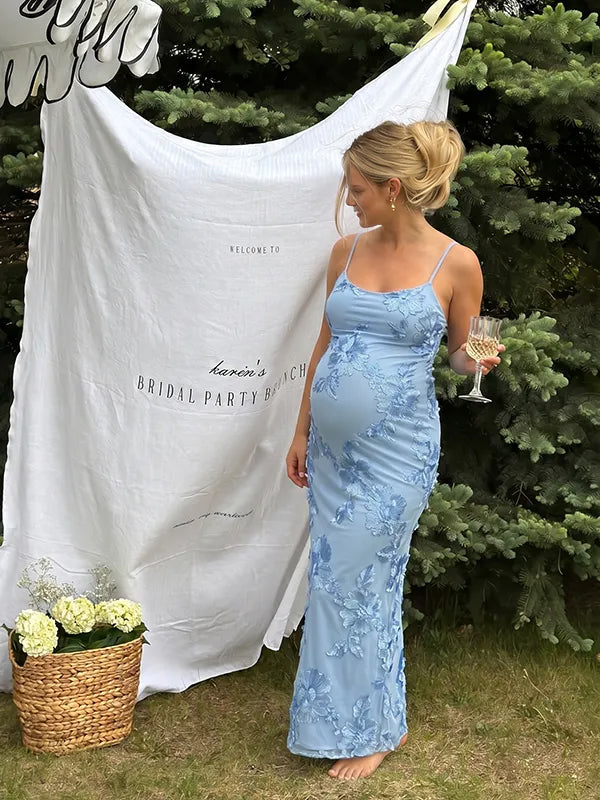 Momsmood Blue Floral Tie Shoulder Strap Cami Bodycon Maternity Maxi Dress