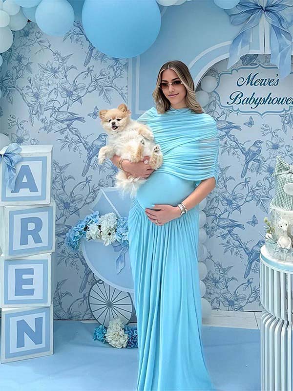 Light Blue Ruched Irregular Neck Baby Shower Maternity Maxi Dress