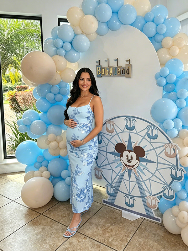 Momsmood Blue Floral Tie Shoulder Strap Cami Bodycon Maternity Maxi Dress