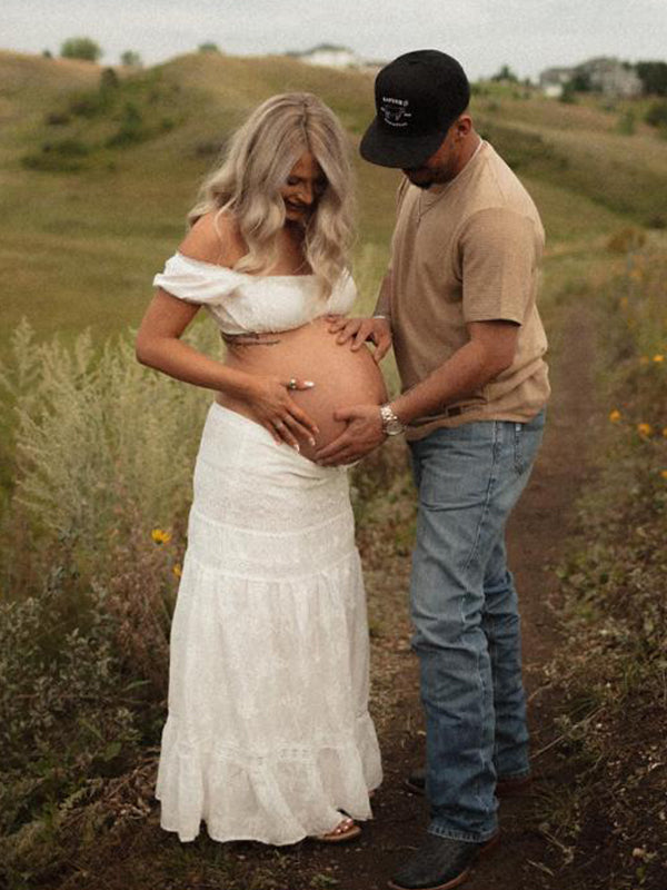 Momsmood White 2-in-1 Lace Cut Out Off Shoulder Tie Elegant Flowy Vacation Photoshoot Maternity Maxi Dress