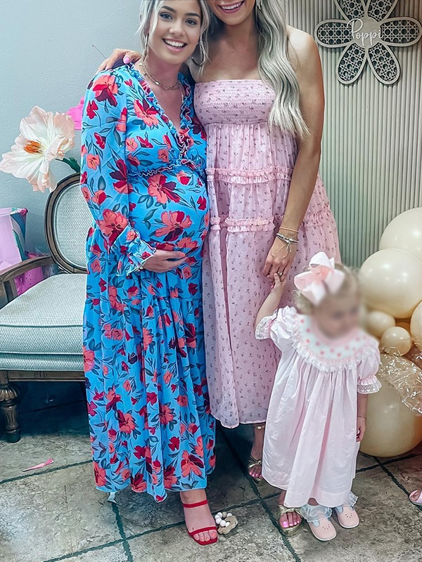 Momsmood V neck Crushed Flower Tulle Vacation Beach Baby Shower Maternity Photoshoot Maxi Dress