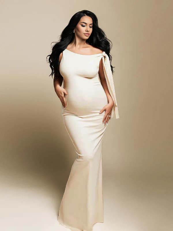 Momsmood Strap Ties One Shoulder Mermaid Bodycon Elegant Photoshoot Baby Shower Maternity Maxi Dress