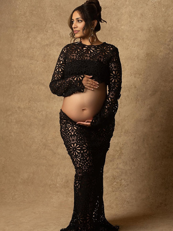 Momsmood Black Lace Skeleton Two Piece Bodycon Beach Vacation Baby Shower Maternity Photoshoot Suits