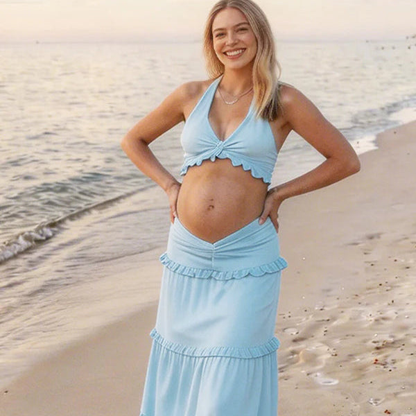 Blue Flouncy Ruffle Trim Halter Neck Maternity 2-Piece Set