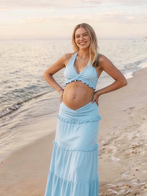 Blue Flouncy Ruffle Trim Halter Neck Maternity 2-Piece Set