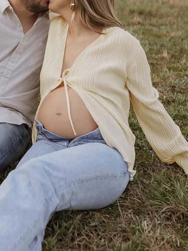 Momsmood Beige lace-up Flare Sleeve Modern Fashion Maternity Photoshoot Blouse