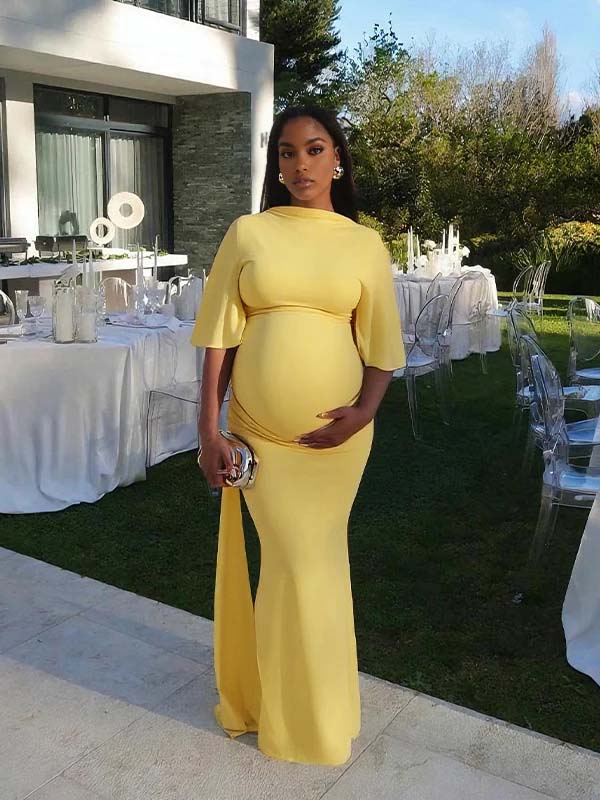 Momsmood Yellow Ruched Draped Backless Baby Shower Maternity Maxi Dress