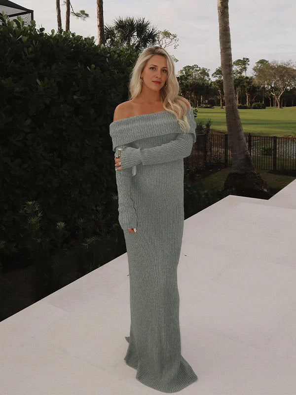 Momsmood Off Shoulder Solid Color Mermaid Bodycon Elegant Photoshoot Maternity Maxi Sweater Dress