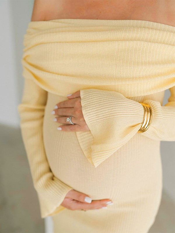 Momsmood Yellow Knit Off Shoulder Flare Sleeve Mermaid Bodycon Elegant Vacation Photoshoot Baby Shower Maternity Maxi Dress